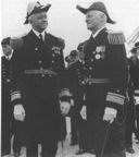 Rear Adm. Chester Nimitz (right) during change of command ceremonies on board Arizona, 26 May 1939.