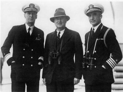 Secretary 
of the Navy Charles Edison, center, and his aide, Captain Morton L. Deyo, right, 
accompanied Rear Admiral Ernest J. King on an inspection tour of the fleet in 
April 1940. 