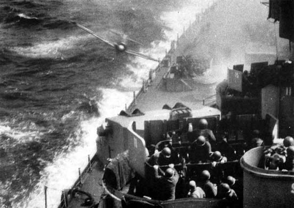 A 
Japanese "Zeke" attempts to crash into the deck of Missouri (BB 63) 
at Okinawa on 28 April 1945