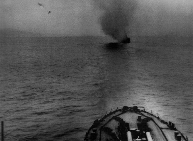 Japanese "Val" makes a suicide run on Idaho on 7 April 1945.