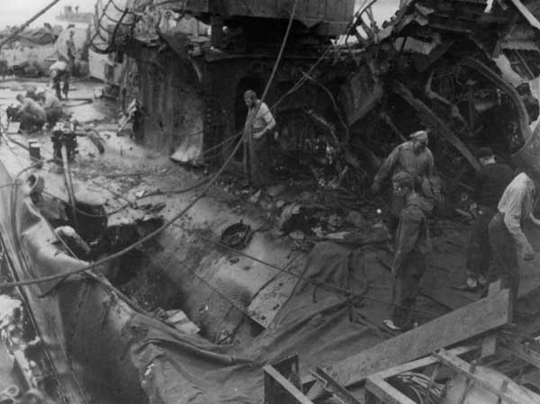 Damage sustained by the destroyer Mullany (DD 528) in a kamikaze attack.