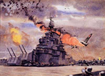 "Kamikaze," watercolor by combat artist Dwight Shepler, depicts an unsuccessful suicide attack by a Japanese "Zero" fighter on the aircraft carrier Hornet (CM 12) on 18 March 1945.